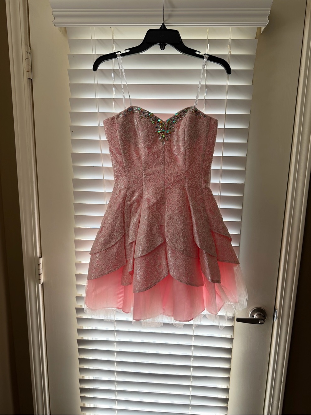 Pink Junior’s Layered Lace Party Dress with Beaded Sweetheart Neckline